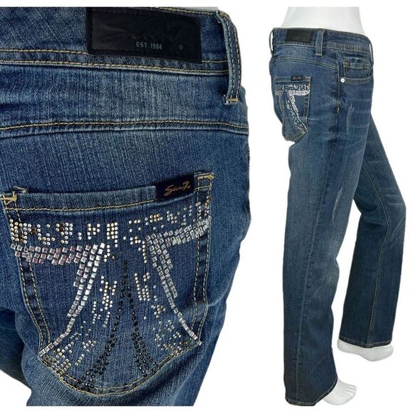 Seven7 Blue Denim Slim Boot Jean Embellished Back Pocket Beading 12 - Picture 1 of 12